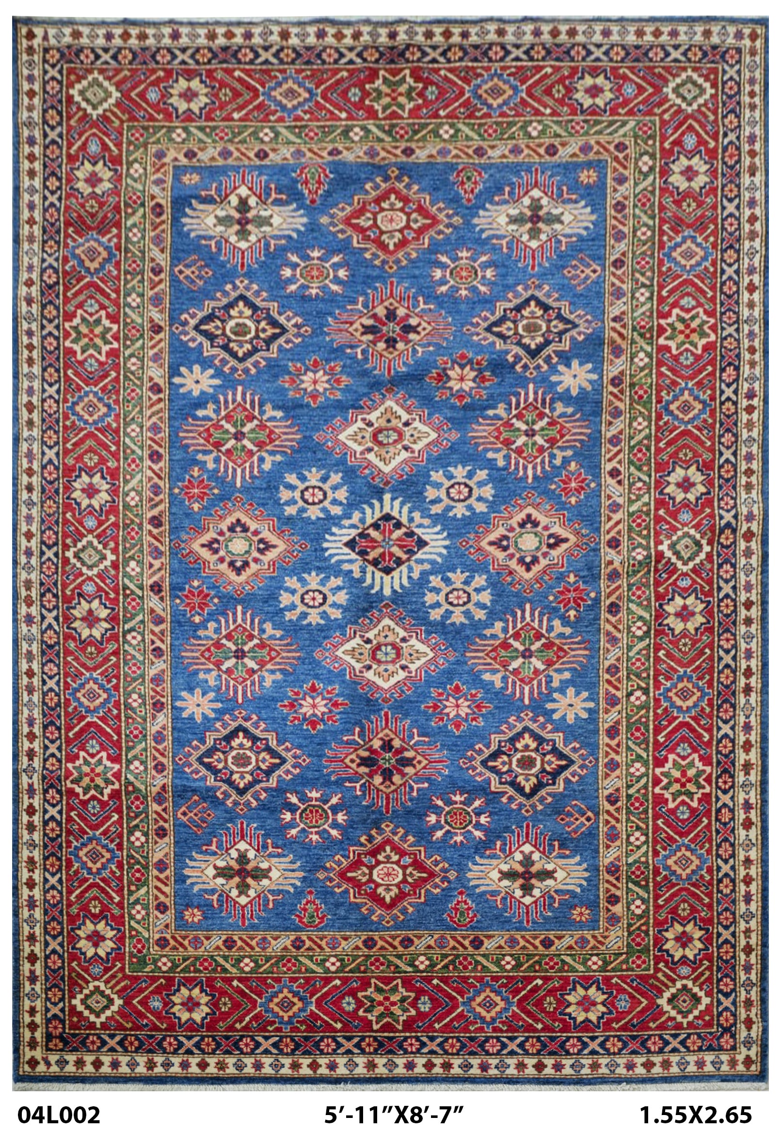 6x9 Blue Super Kazak Geometric Handmade Cotton & Wool Rug | Luxury Area Rug
