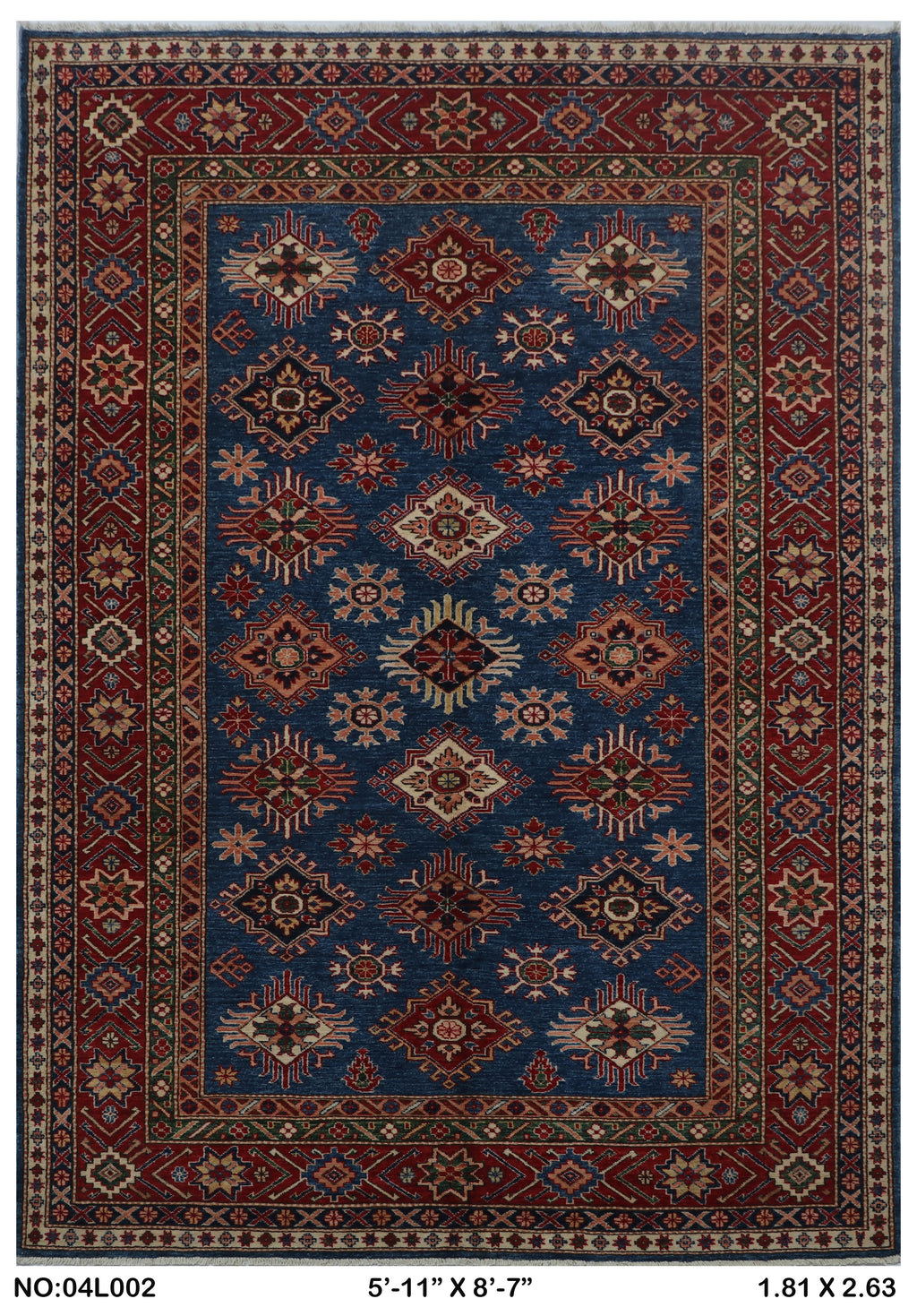 6x9 Blue Super Kazak Geometric Handmade Cotton & Wool Rug | Luxury Area Rug