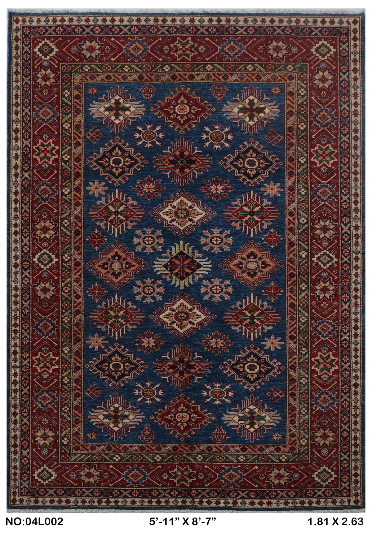 6x9 Blue Super Kazak Geometric Handmade Cotton & Wool Rug | Luxury Area Rug
