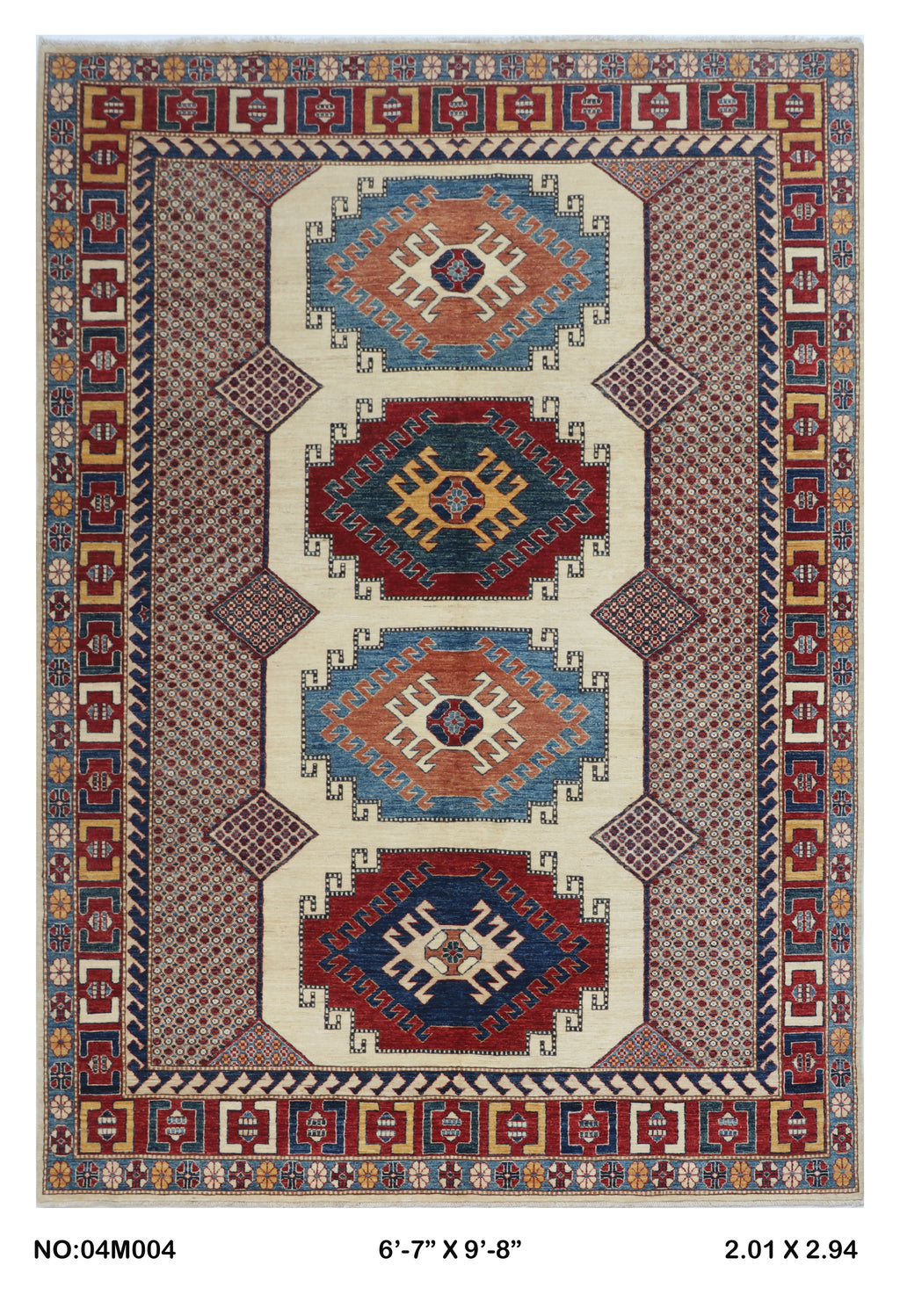 Beige 6.5x9.5 Super Kazak geometric handmade wool and cotton area rug with vegetable dyeing