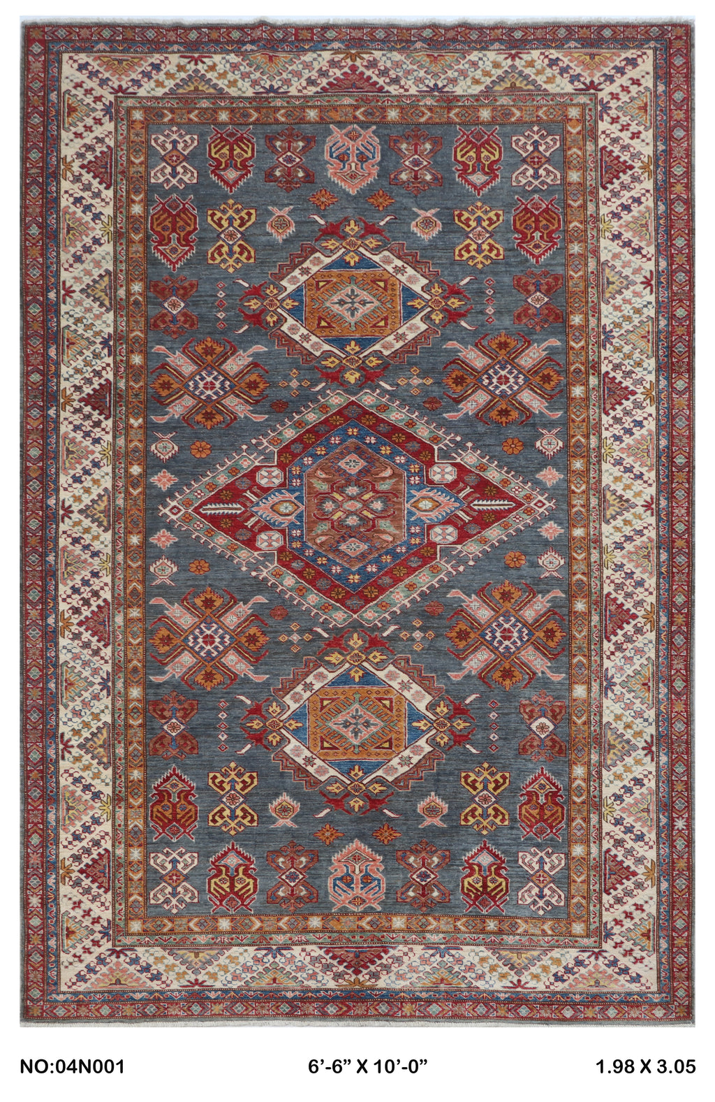 Gray 7x10 Super Kazak geometric handmade wool and cotton area rug with vegetable dyeing