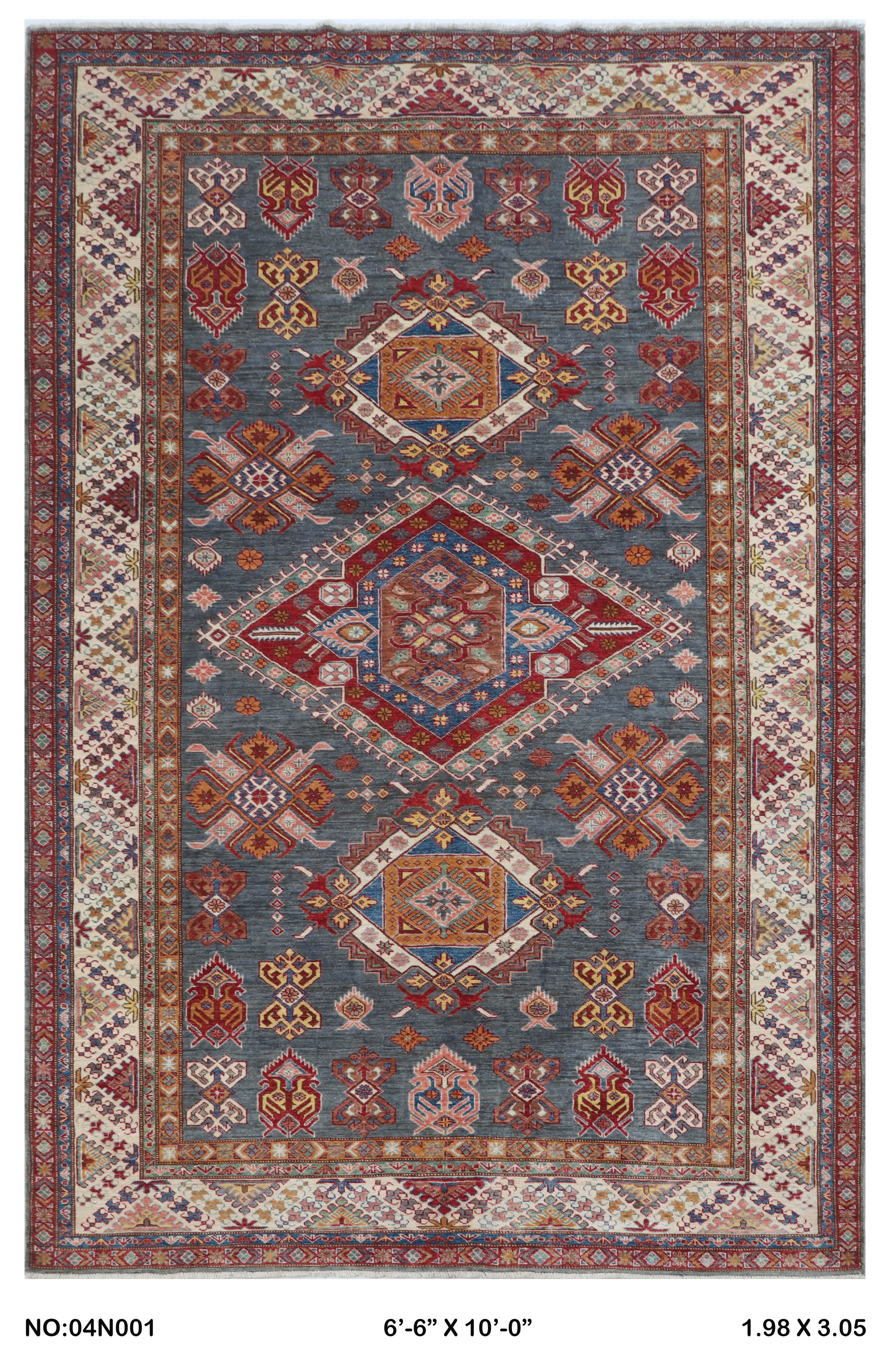 Gray 7x10 Super Kazak geometric handmade wool and cotton area rug with vegetable dyeing