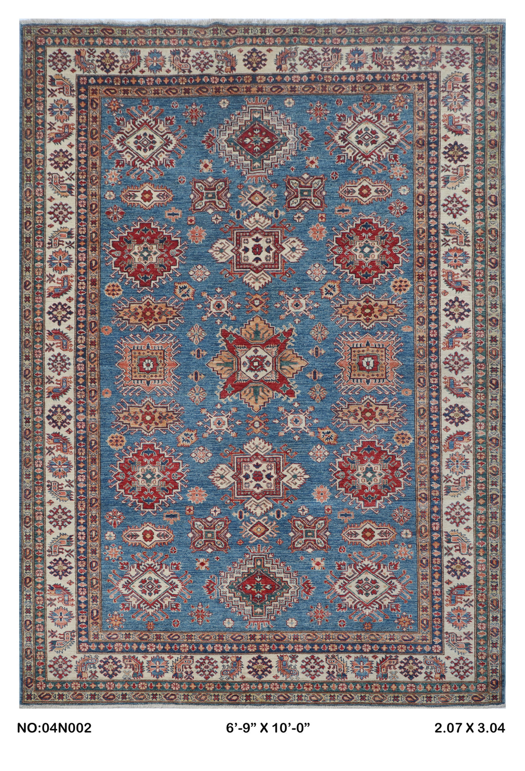 Blue 7x10 Super Kazak geometric handmade wool and cotton area rug with vegetable dyeing