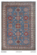 Blue 7x10 Super Kazak geometric handmade wool and cotton area rug with vegetable dyeing