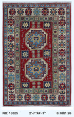2.5x4 Red Commercial Kazak geometric handmade wool and cotton area rug