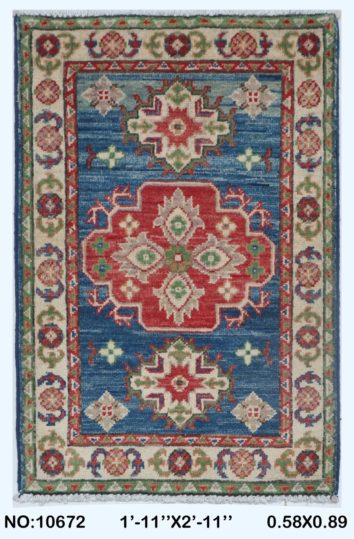 2x3 Blue Commercial Kazak geometric handmade wool and cotton area rug