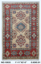 2x3 Beige Commercial Kazak geometric handmade wool and cotton area rug