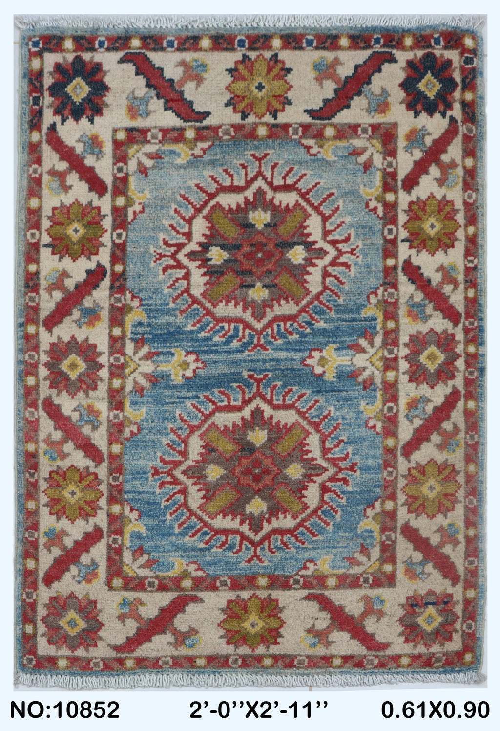 2x3 Blue Commercial Kazak geometric handmade wool and cotton area rug