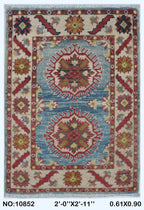2x3 Blue Commercial Kazak geometric handmade wool and cotton area rug