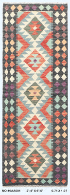 2.5x6.5 Multi Killim Geometric Runner Rug | Handmade Wool Rug