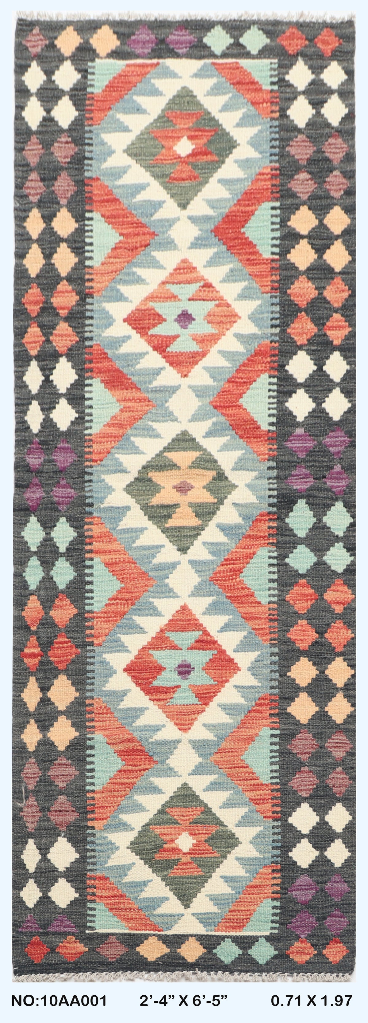2.5x6.5 Multi Killim Geometric Runner Rug | Handmade Wool Rug