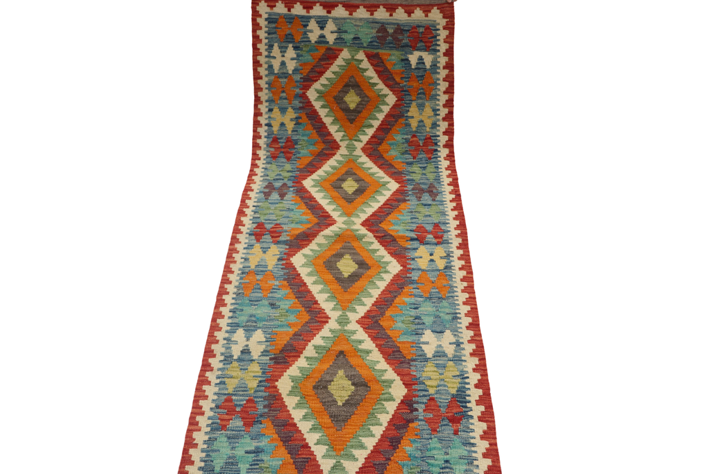 2'5" x 6'6" Multi color Kilim Geometric Handmade Wool Runner Rug | Premium Luxury Runner Rug