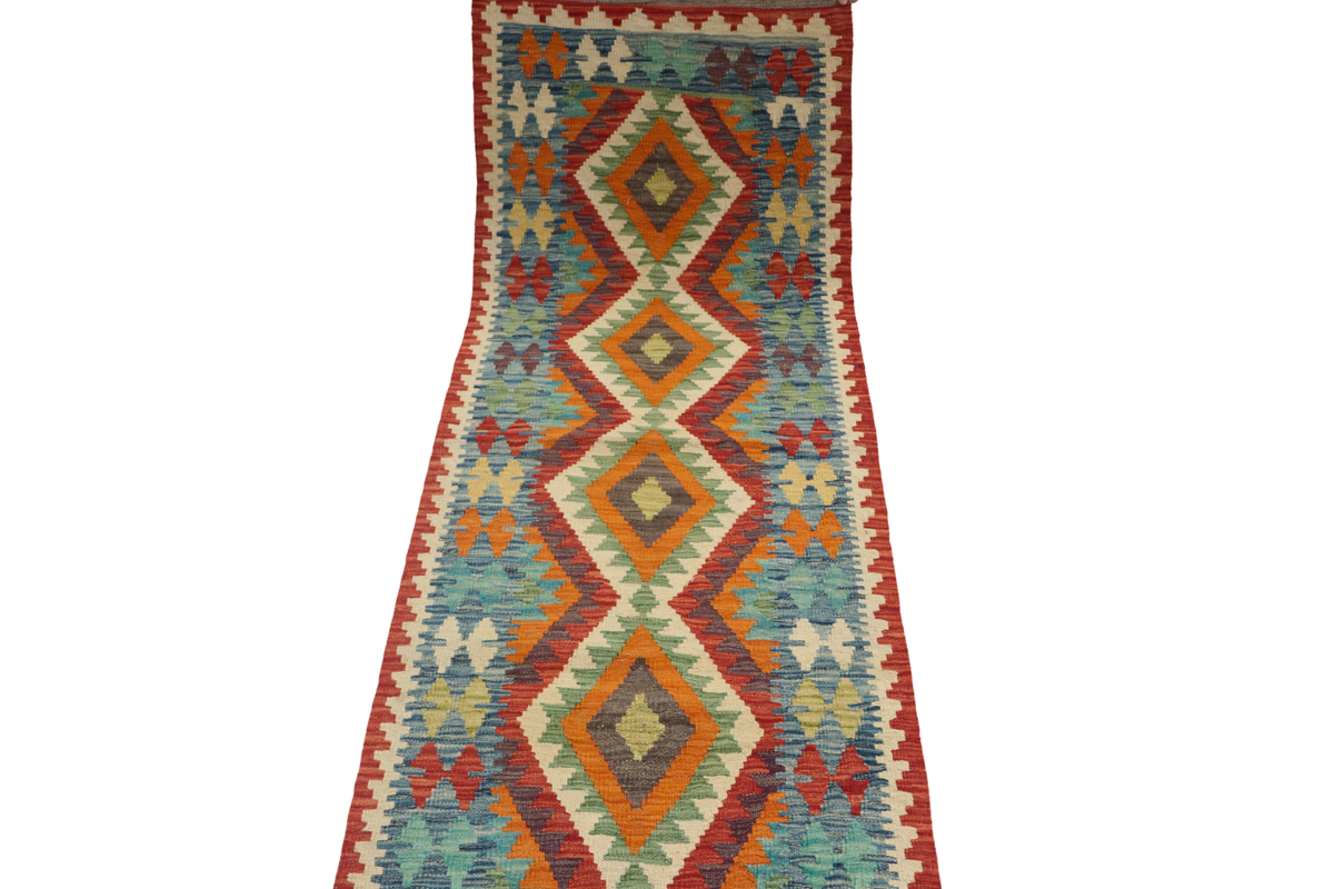2'5" x 6'6" Multi color Kilim Geometric Handmade Wool Runner Rug | Premium Luxury Runner Rug