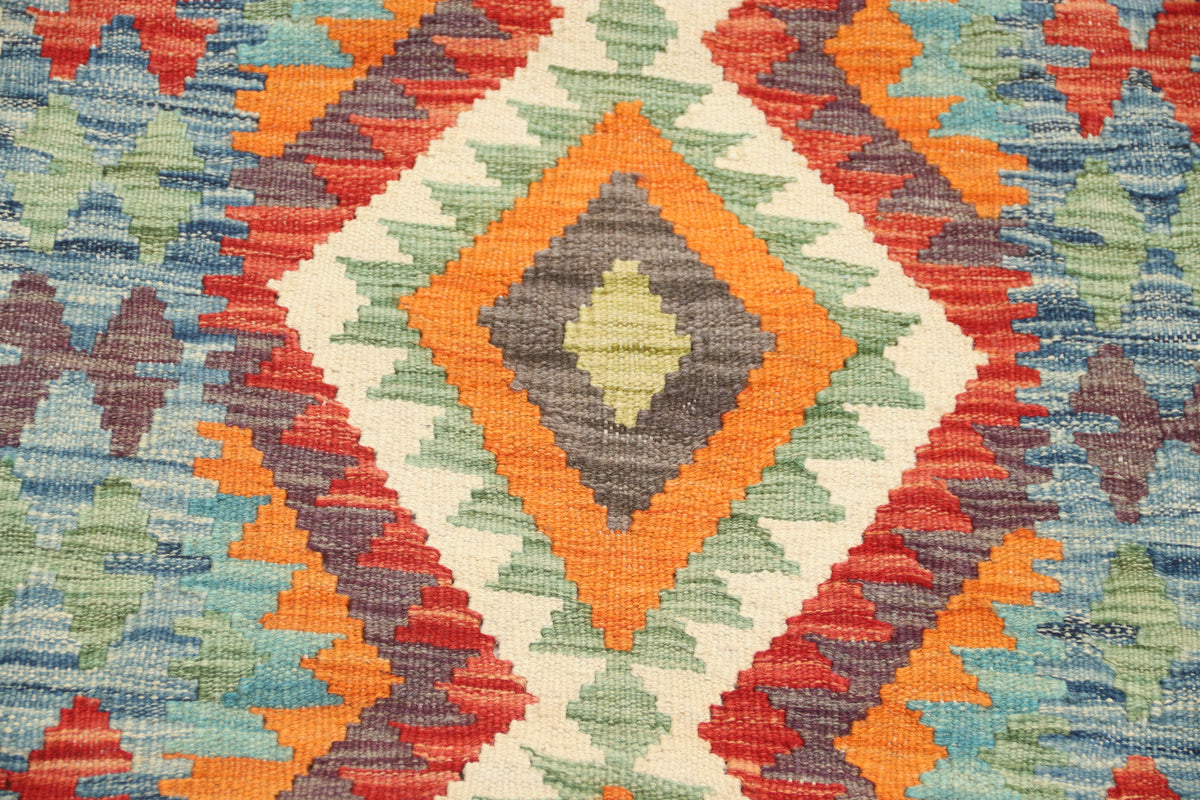 2'5" x 6'6" Multi color Kilim Geometric Handmade Wool Runner Rug | Premium Luxury Runner Rug