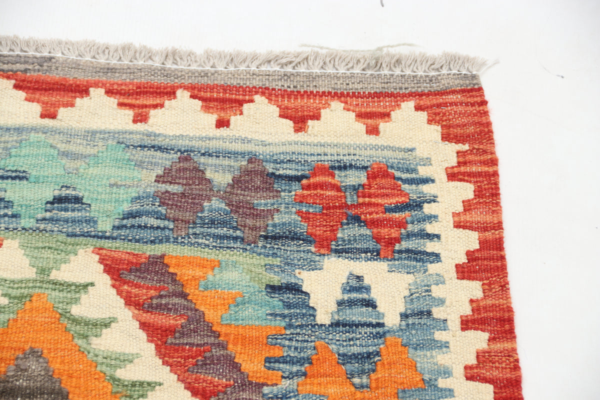 2'5" x 6'6" Multi color Kilim Geometric Handmade Wool Runner Rug | Premium Luxury Runner Rug