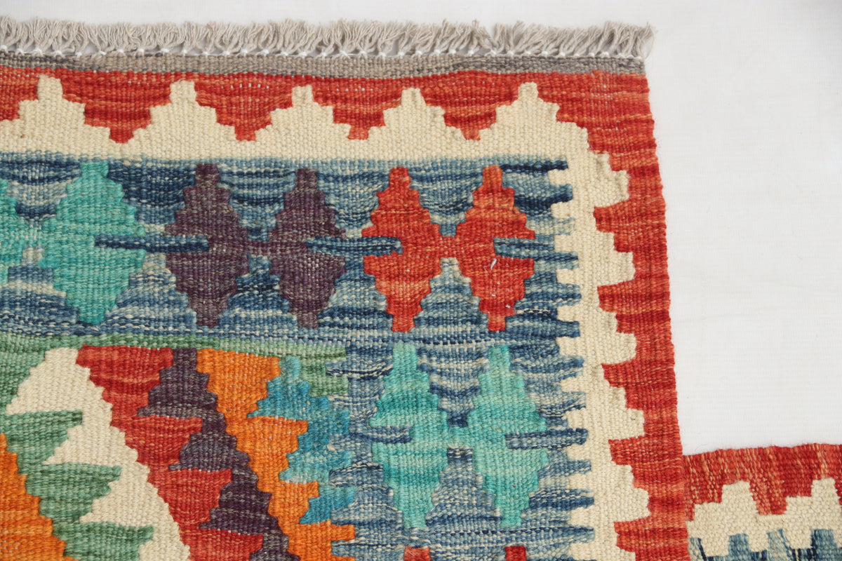 2'5" x 6'6" Multi color Kilim Geometric Handmade Wool Runner Rug | Premium Luxury Runner Rug