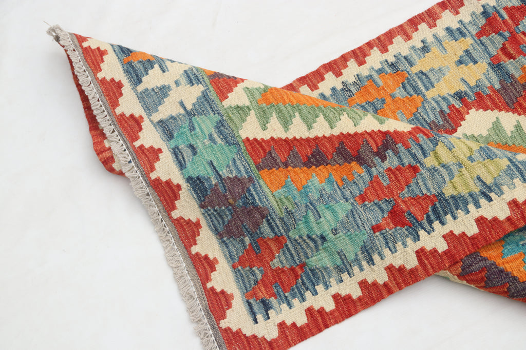 2'5" x 6'6" Multi color Kilim Geometric Handmade Wool Runner Rug | Premium Luxury Runner Rug