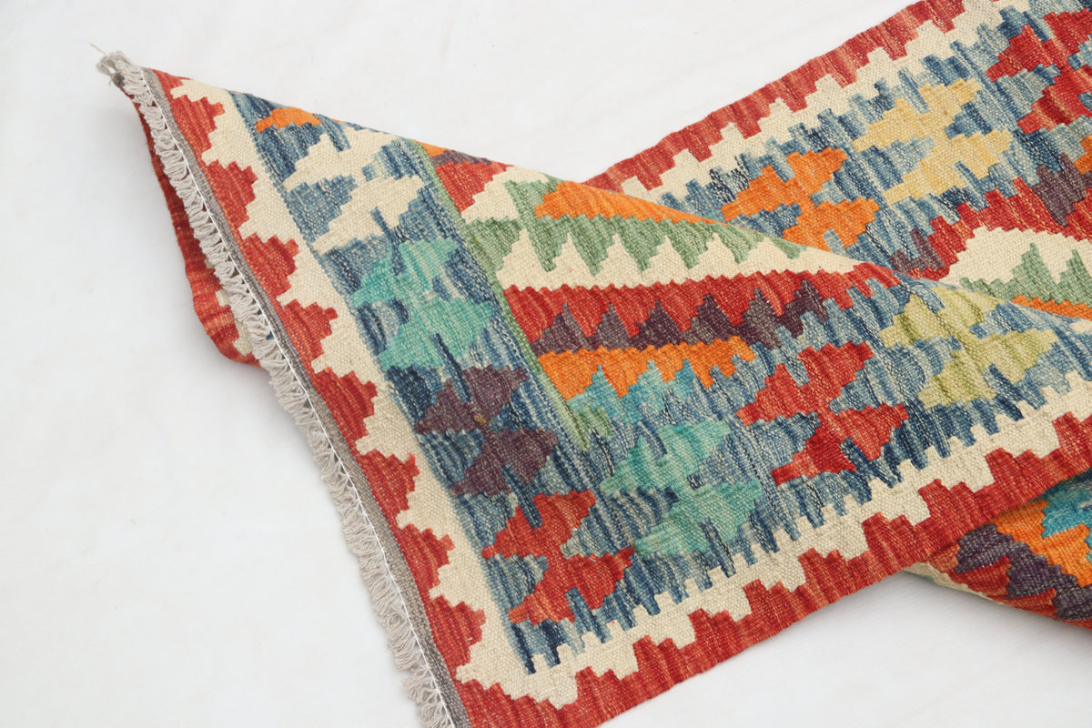 2'5" x 6'6" Multi color Kilim Geometric Handmade Wool Runner Rug | Premium Luxury Runner Rug