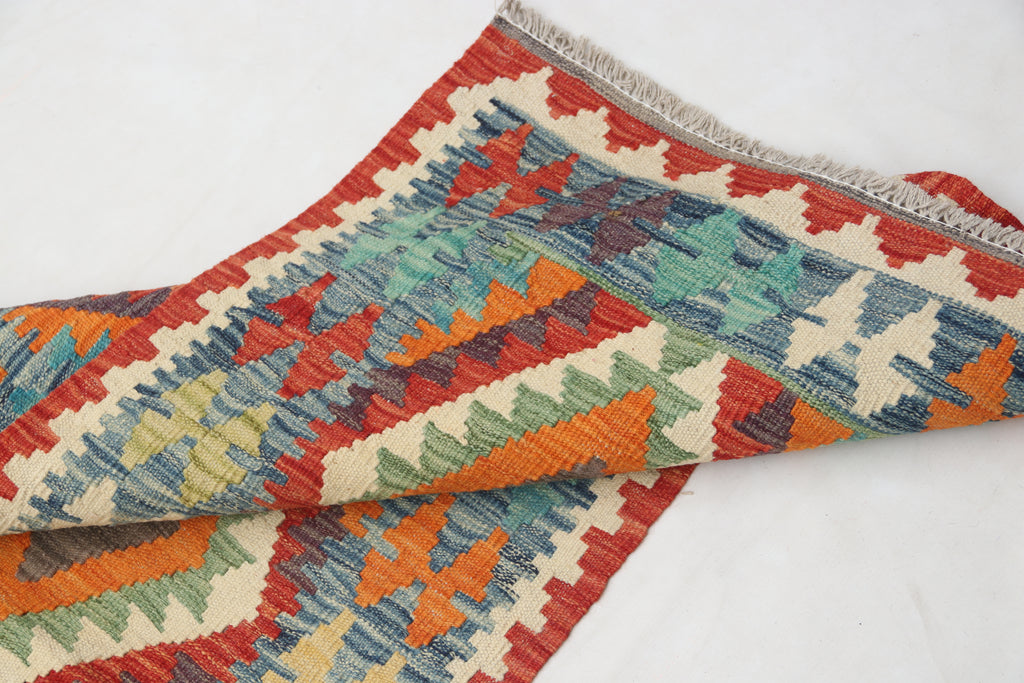 2'5" x 6'6" Multi color Kilim Geometric Handmade Wool Runner Rug | Premium Luxury Runner Rug