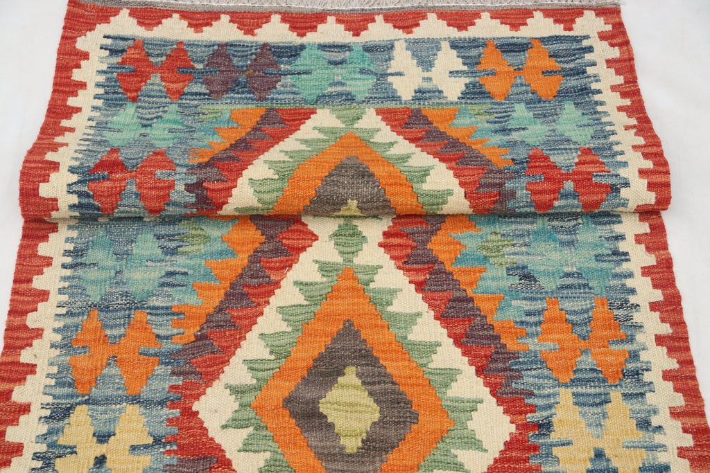 2'5" x 6'6" Multi color Kilim Geometric Handmade Wool Runner Rug | Premium Luxury Runner Rug