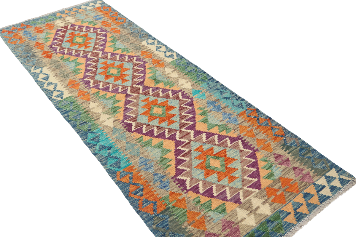 2'7" x 6'8" Multicolor Kilim Geometric Handmade Wool Runner Rug | Premium Luxury Runner Rug