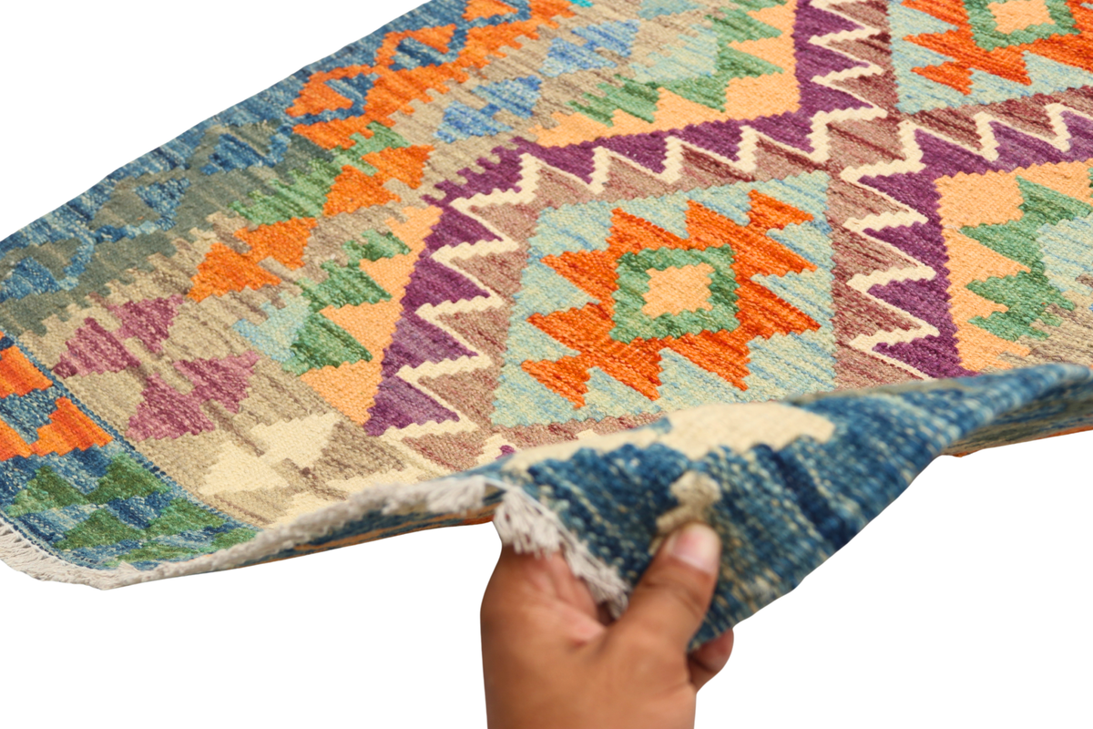 2'7" x 6'8" Multicolor Kilim Geometric Handmade Wool Runner Rug | Premium Luxury Runner Rug