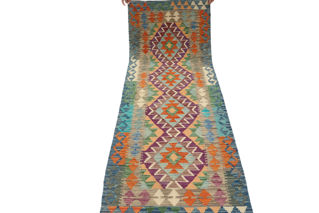 2'7" x 6'8" Multicolor Kilim Geometric Handmade Wool Runner Rug | Premium Luxury Runner Rug