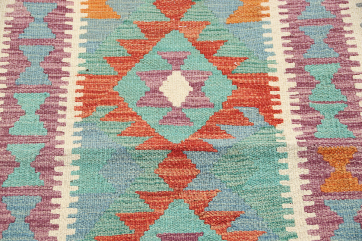 2'6" x 6'4" Multicolor Kilim Geometric Handmade Wool Runner Rug | Premium Luxury Runner Rug