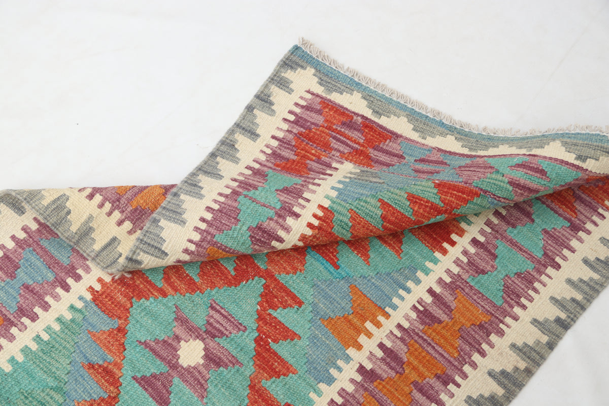 2'6" x 6'4" Multicolor Kilim Geometric Handmade Wool Runner Rug | Premium Luxury Runner Rug