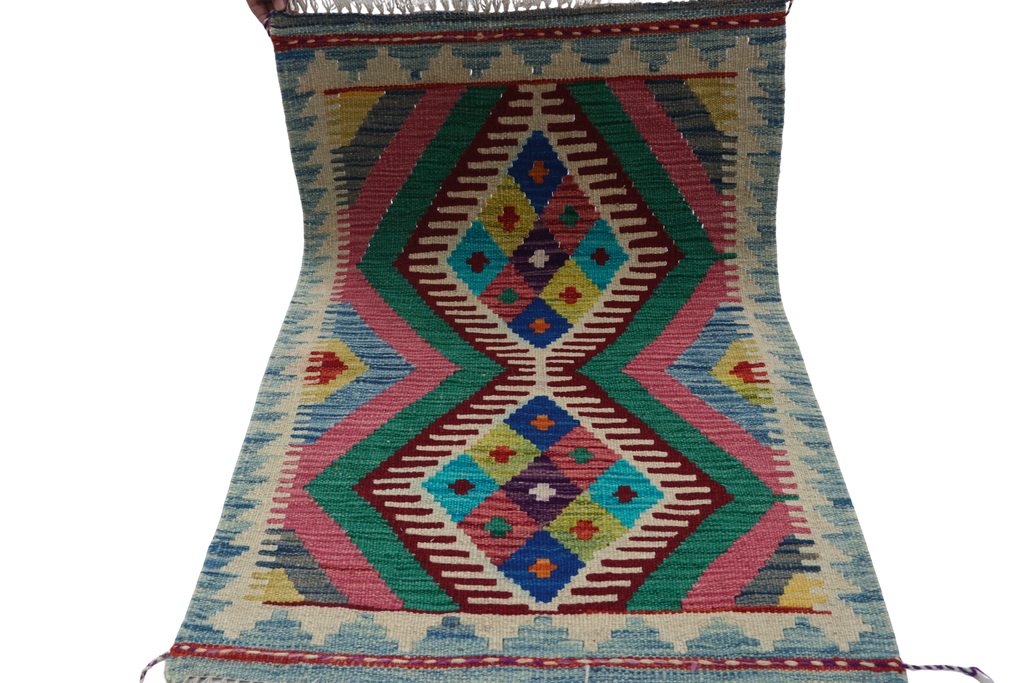2x3 Multicolor Kilim Geometric Handmade Wool Area Rug | Premium Luxury Area Rug