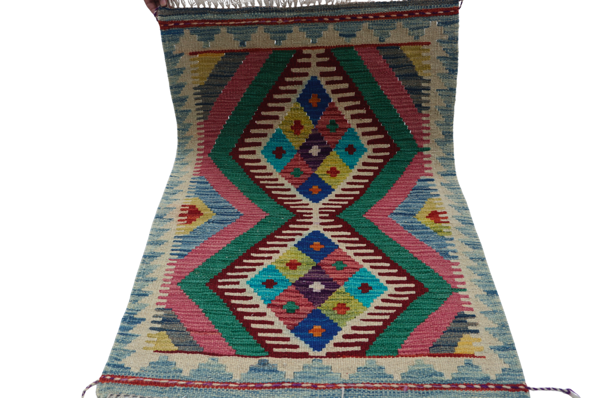 2x3 Multicolor Kilim Geometric Handmade Wool Area Rug | Premium Luxury Area Rug