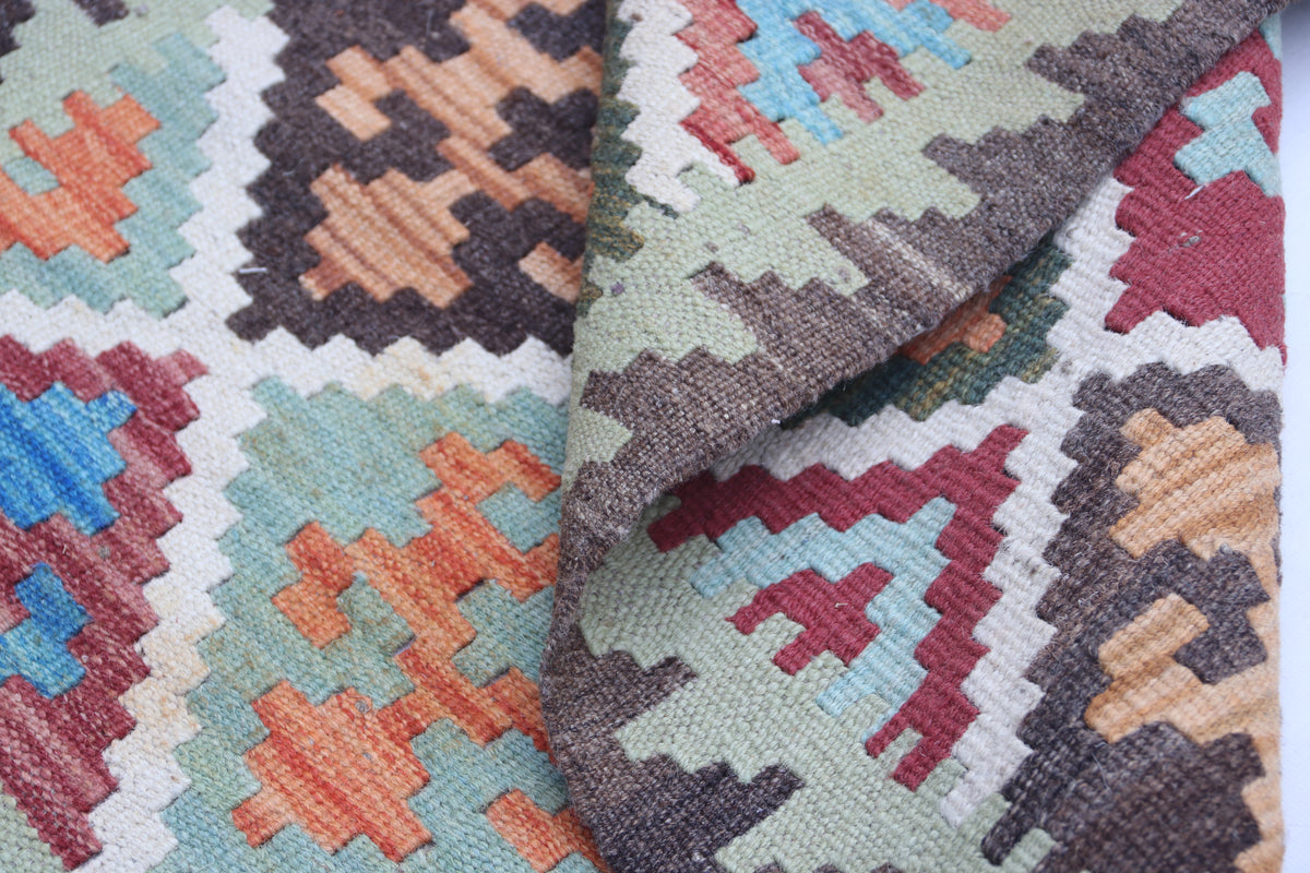 2x3 Multicolor Kilim Geometric Handmade Wool Rug | Premium Luxury Area Rug