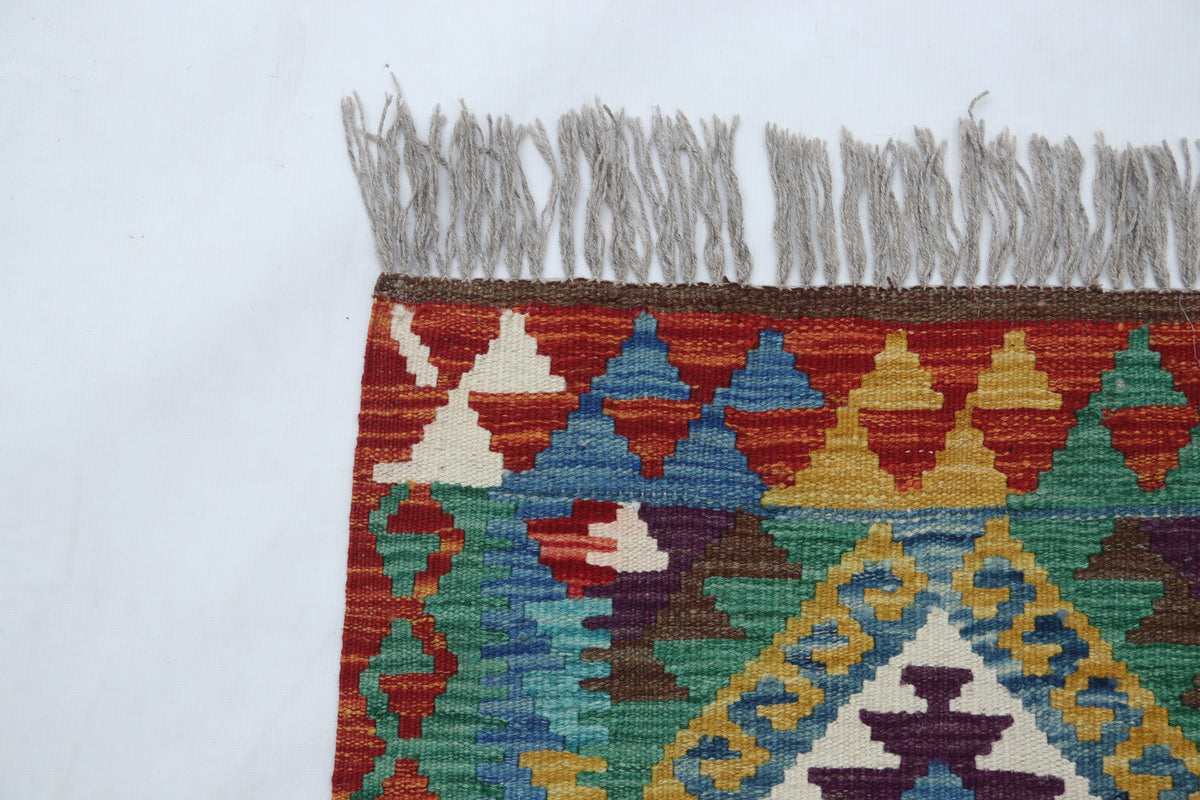 2x3 Multicolor Kilim Geometric Handmade Wool Rug | Premium Luxury Area Rug