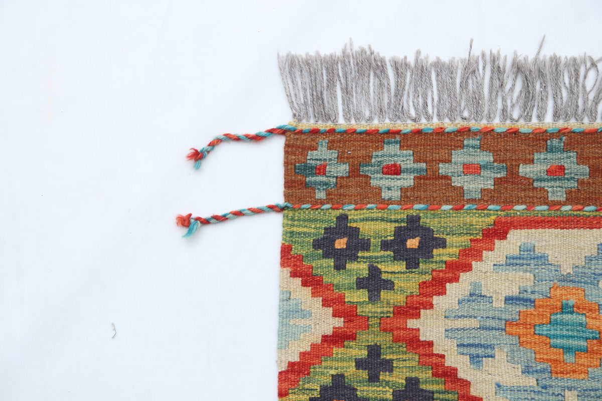 2x3 Multicolor Kilim Geometric Handmade Wool Rug | Premium Luxury Area Rug
