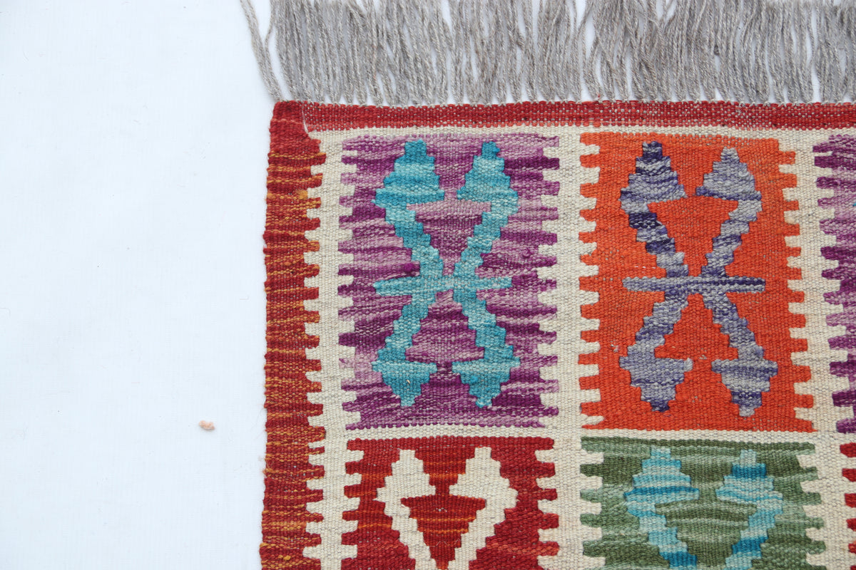 2x3 Multicolor Kilim Geometric Handmade Wool Rug | Premium Luxury Area Rug