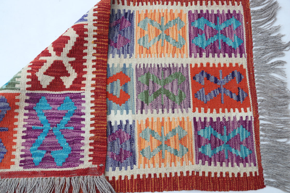 2x3 Multicolor Kilim Geometric Handmade Wool Rug | Premium Luxury Area Rug