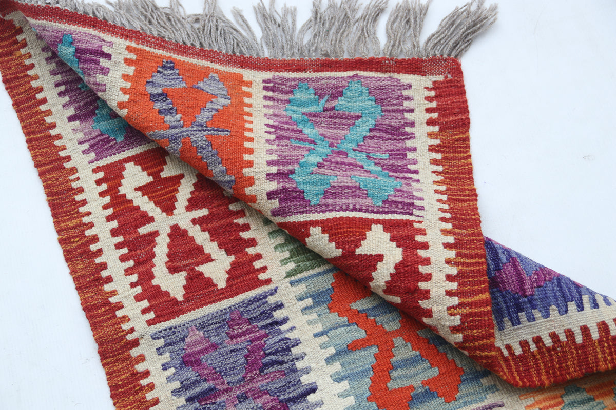 2x3 Multicolor Kilim Geometric Handmade Wool Rug | Premium Luxury Area Rug