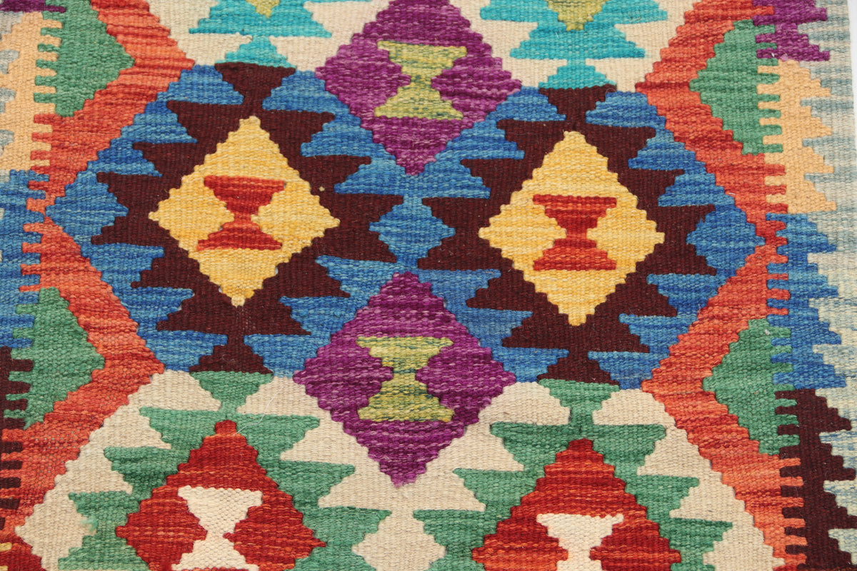 2x3 Multicolor Kilim Geometric Handmade Wool Rug | Premium Luxury Area Rug