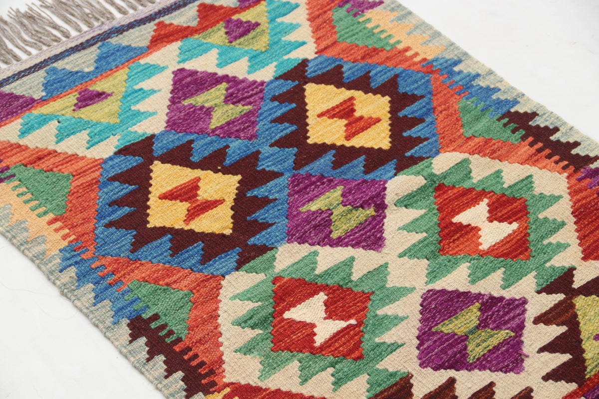 2x3 Multicolor Kilim Geometric Handmade Wool Rug | Premium Luxury Area Rug