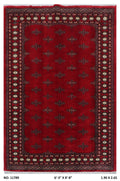 6x9 red Mori Bokhara geometric handmade wool and cotton area rug with vegetable AZO-free dyeing
