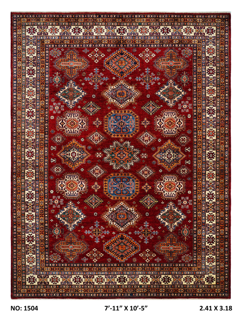 8x10 Red Super Kazak geometric handmade wool and cotton area rug
