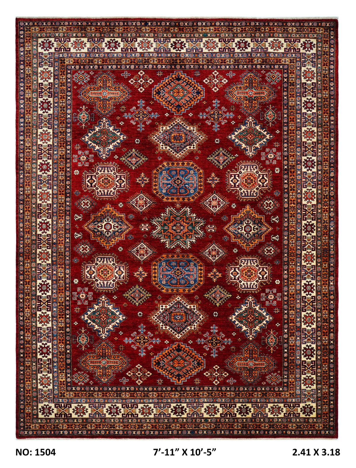 8x10 Red Super Kazak geometric handmade wool and cotton area rug