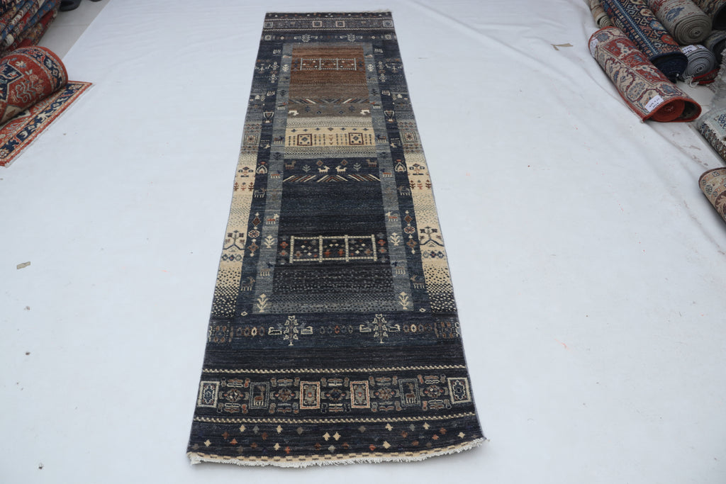 2x10 Black & Multi-Color Khurjeen Runner Rug | Handmade Wool & Cotton Rainbow Rug