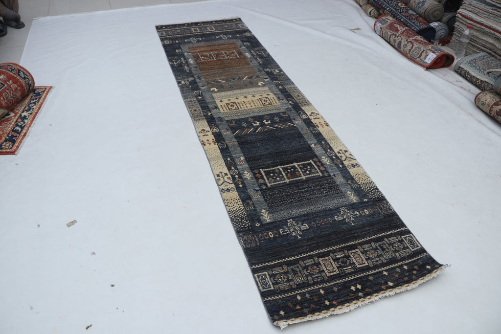 2x10 Black & Multi-Color Khurjeen Runner Rug | Handmade Wool & Cotton Rainbow Rug