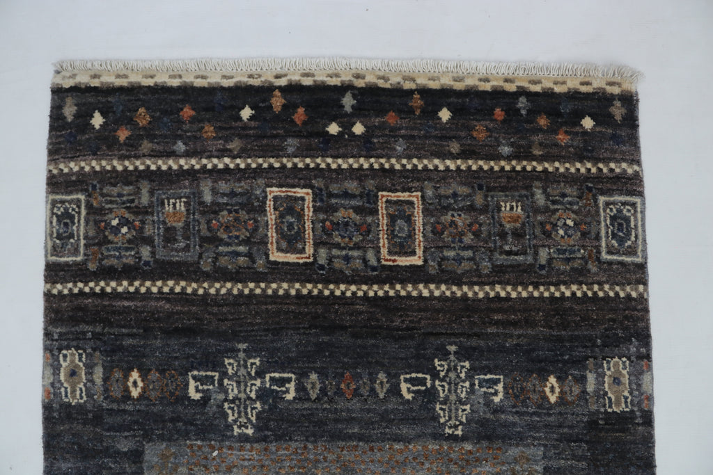 2x10 Black & Multi-Color Khurjeen Runner Rug | Handmade Wool & Cotton Rainbow Rug