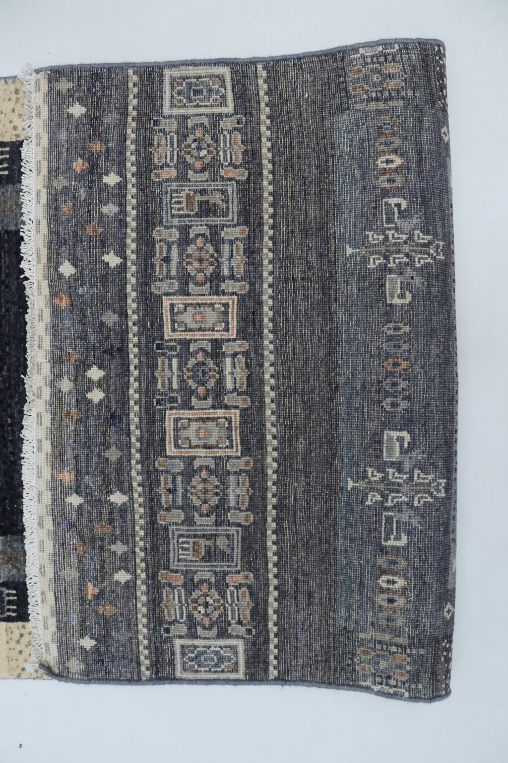 2x10 Black & Multi-Color Khurjeen Runner Rug | Handmade Wool & Cotton Rainbow Rug