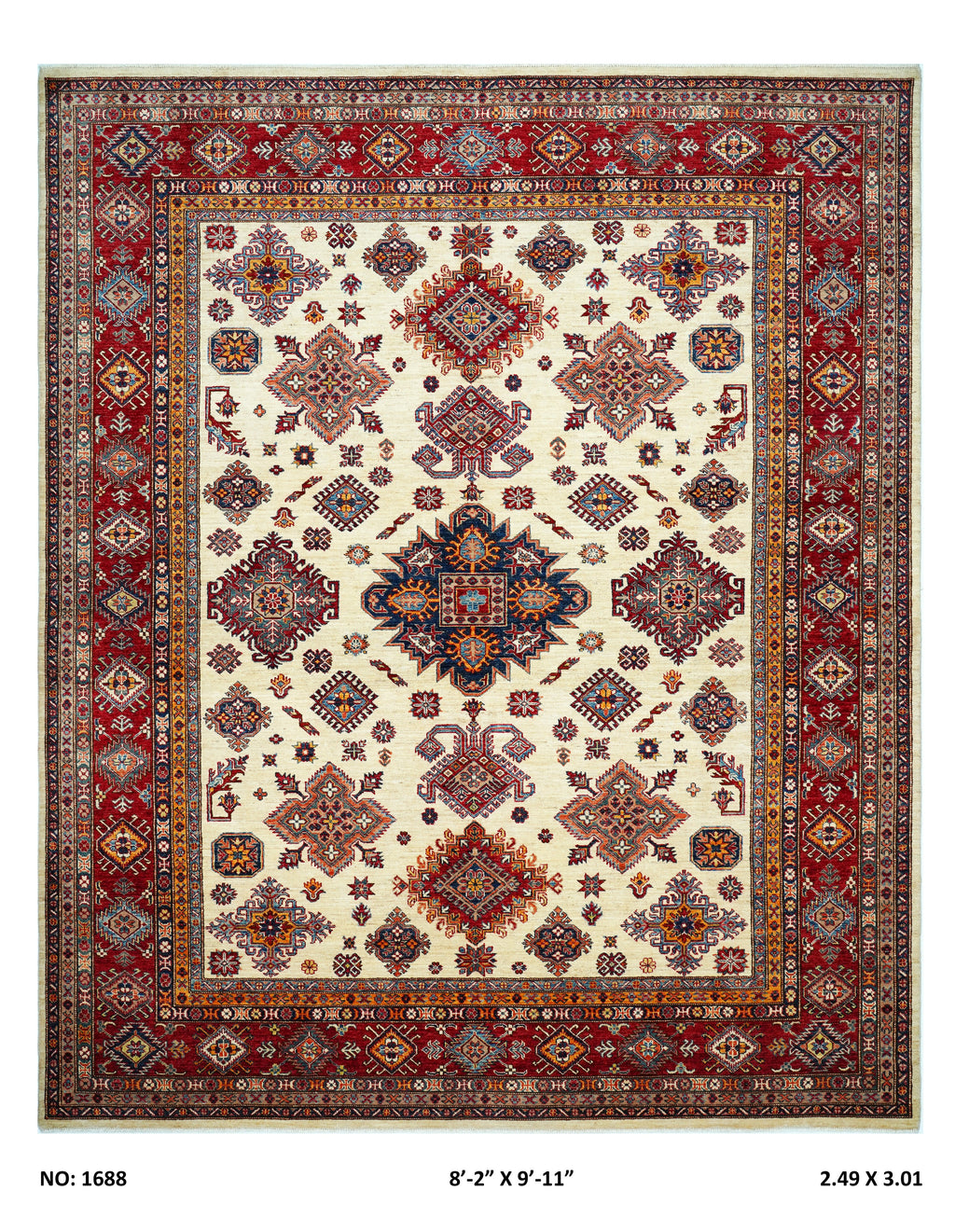 8x10 beige Super Kazak geometric handmade wool and cotton area rug with vegetable dyeing