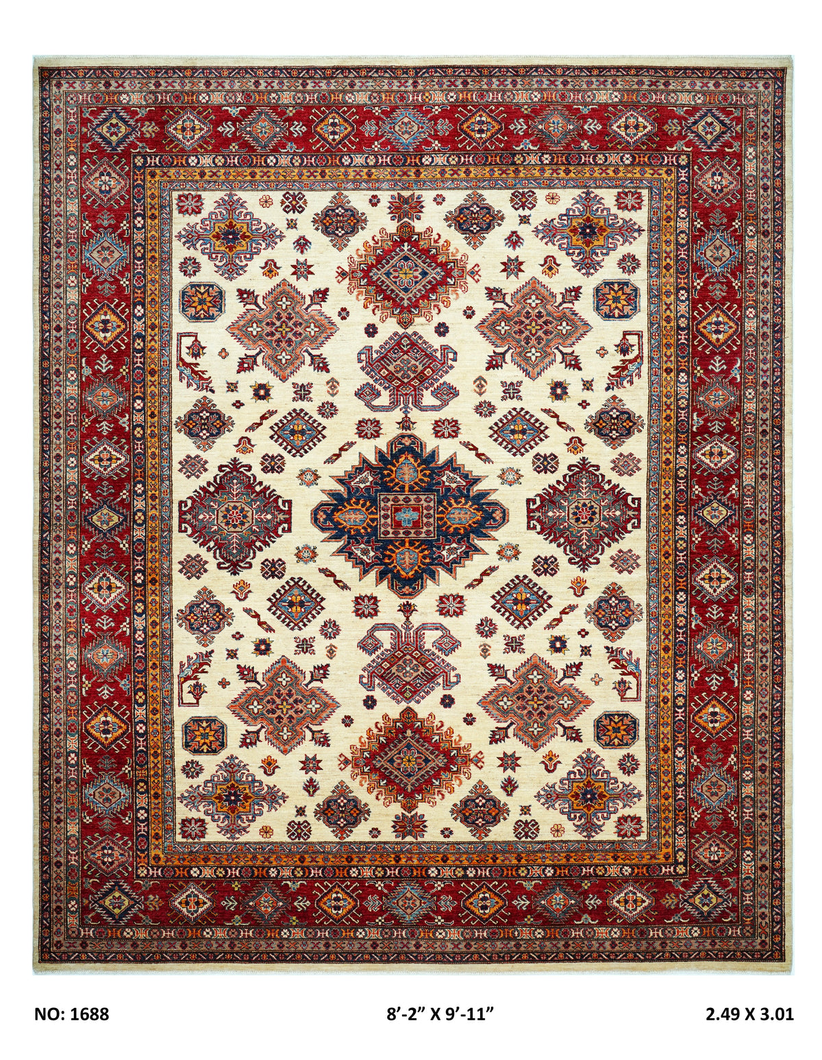 8x10 beige Super Kazak geometric handmade wool and cotton area rug with vegetable dyeing
