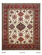 8x10 beige Super Kazak geometric handmade wool and cotton area rug with vegetable dyeing