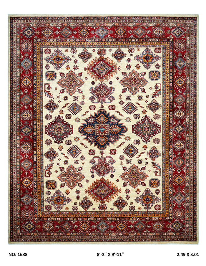 8x10 beige Super Kazak geometric handmade wool and cotton area rug with vegetable dyeing